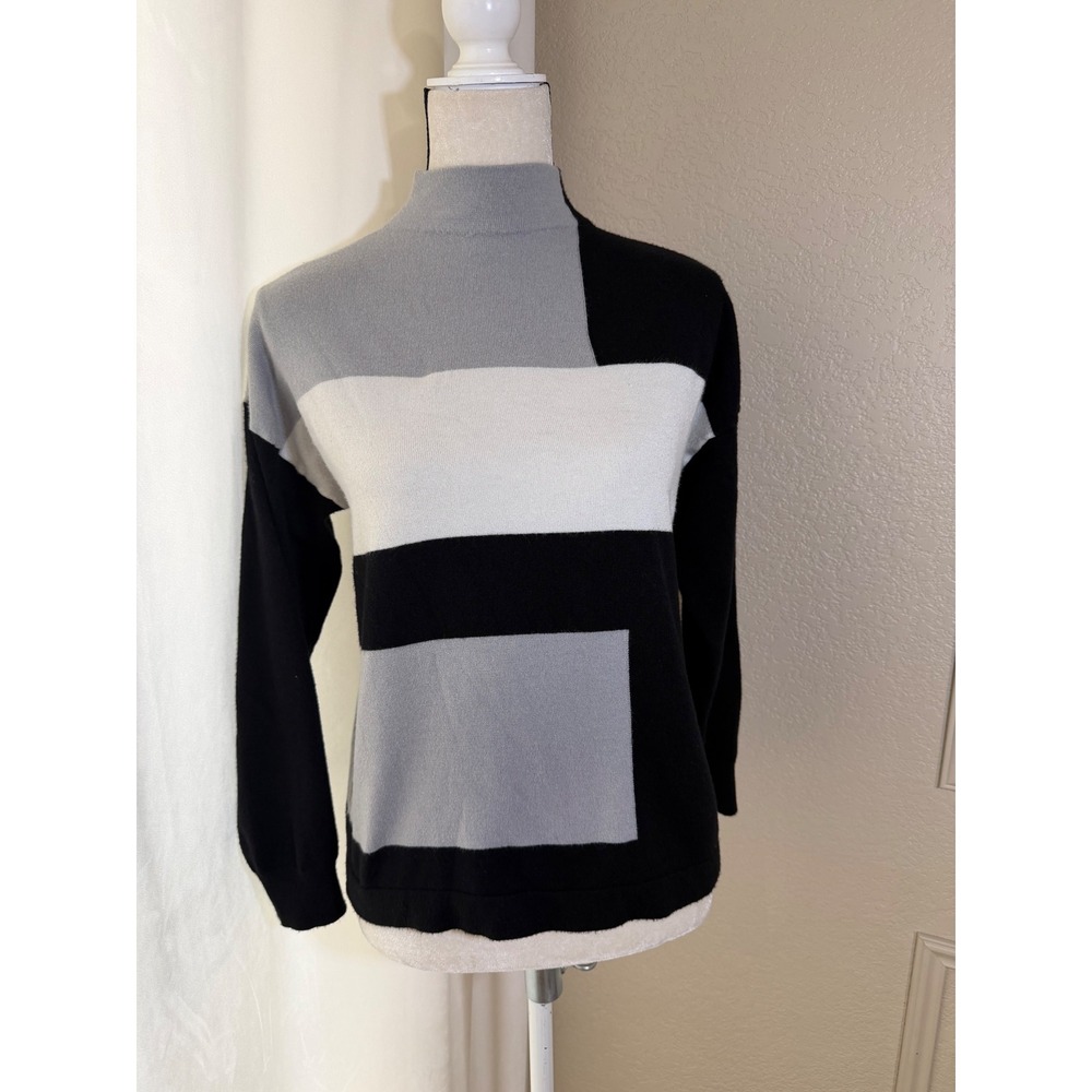 Sloan Rouge Mock Neck Colorblock Geometric Sweater‎ Black Grey White, Size M